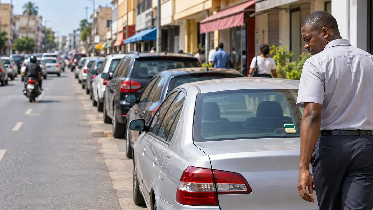 Un automobiliste regarde la vignette numérique apposée sur la lunette arrière de sa voiture, garée dans une file continue de véhicules le long d'une rue commerçante du centre-ville.
