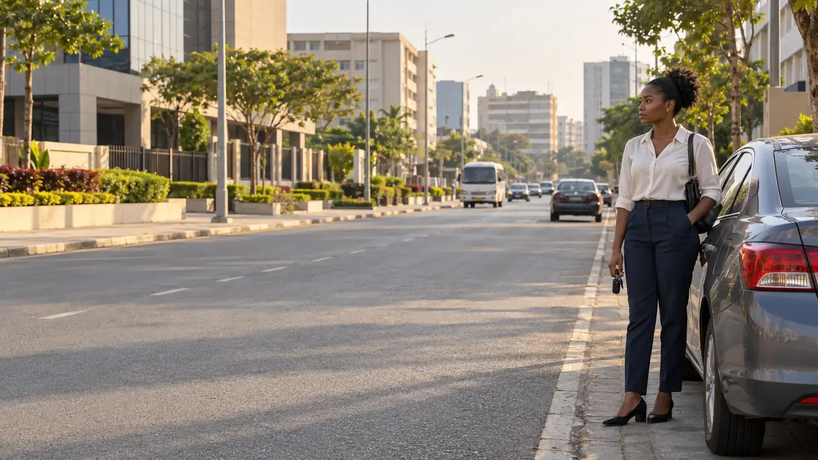 Une automobiliste se tient auprès de sa voiture garée le long d'une grande avenue du centre-ville de Libreville, en fin de journée.
